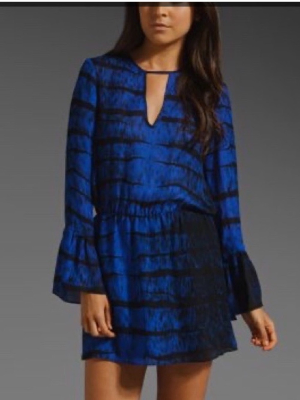 Parker 100% Silk Blue and Black Long Sleeve Keyhole Mini Dress